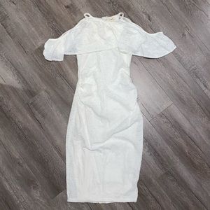Motherhood Maternity White Eyelet Fitted Dress with Over shoulder Sleeves
